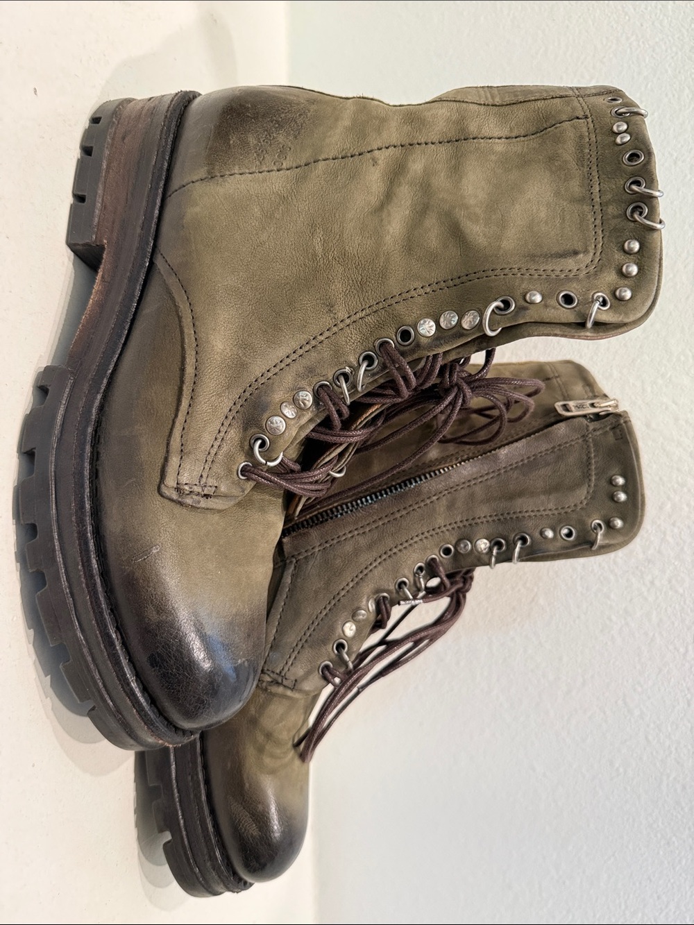 A.S.98 Olive Green Leather Combat Boots with Stud Accents